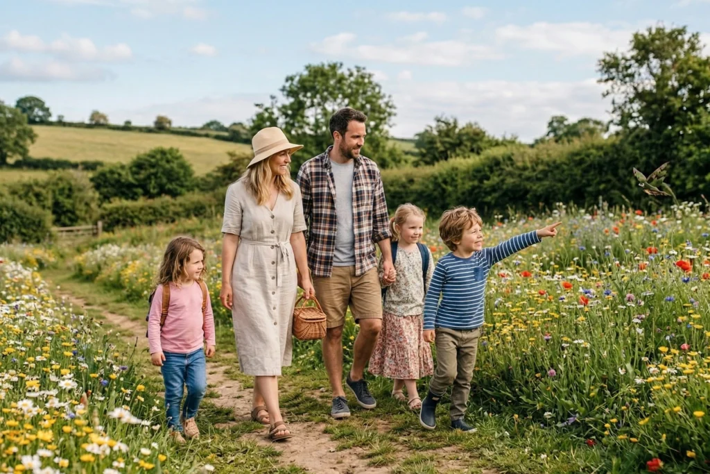 Familie läuft über Blumenwiese und spielt Ich sehe was, was du nicht siehst.