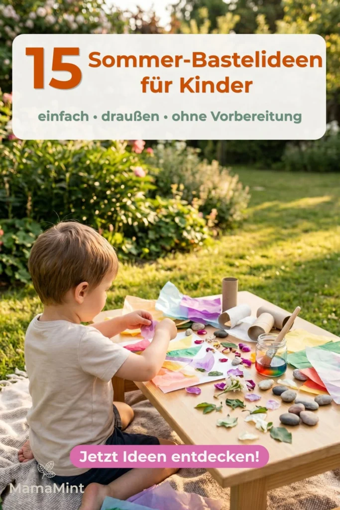 Kind bastelt im Garten Text Overlay: 15 Sommer-Bastelideen für Kinder