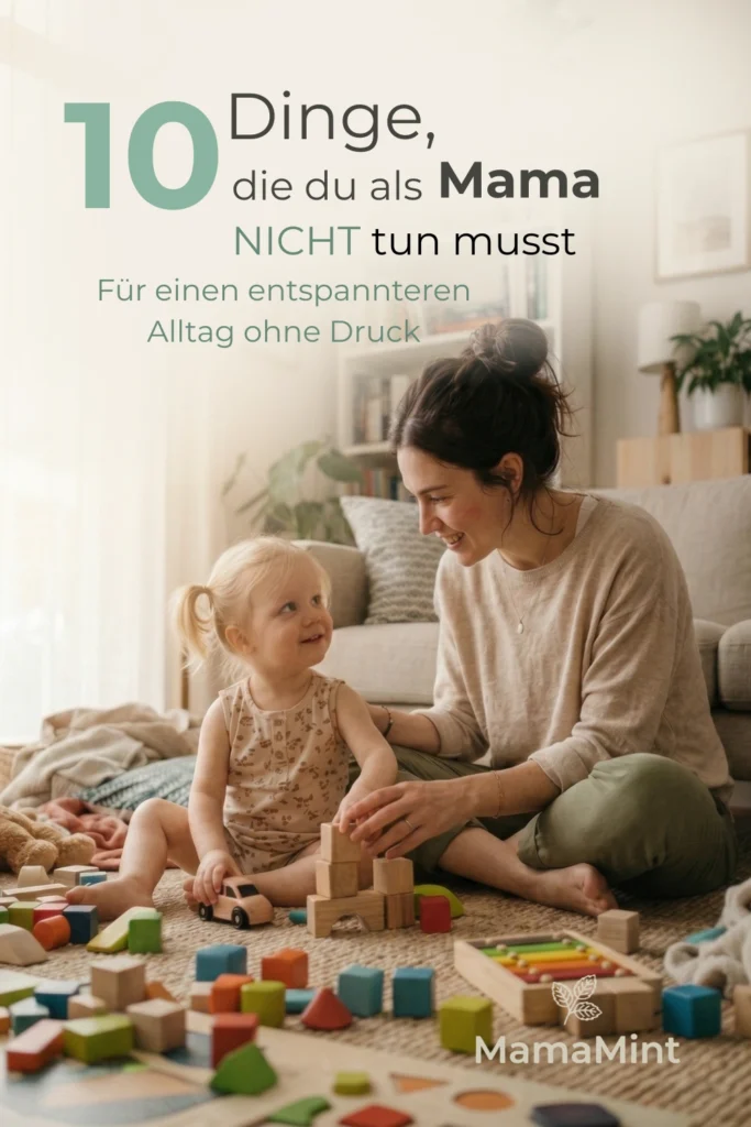 Mama spielt mit ihrem Kind im Wohnzimmer. Auf dem Bild steht: 10 Dinge, die du als Mama nicht tun musst