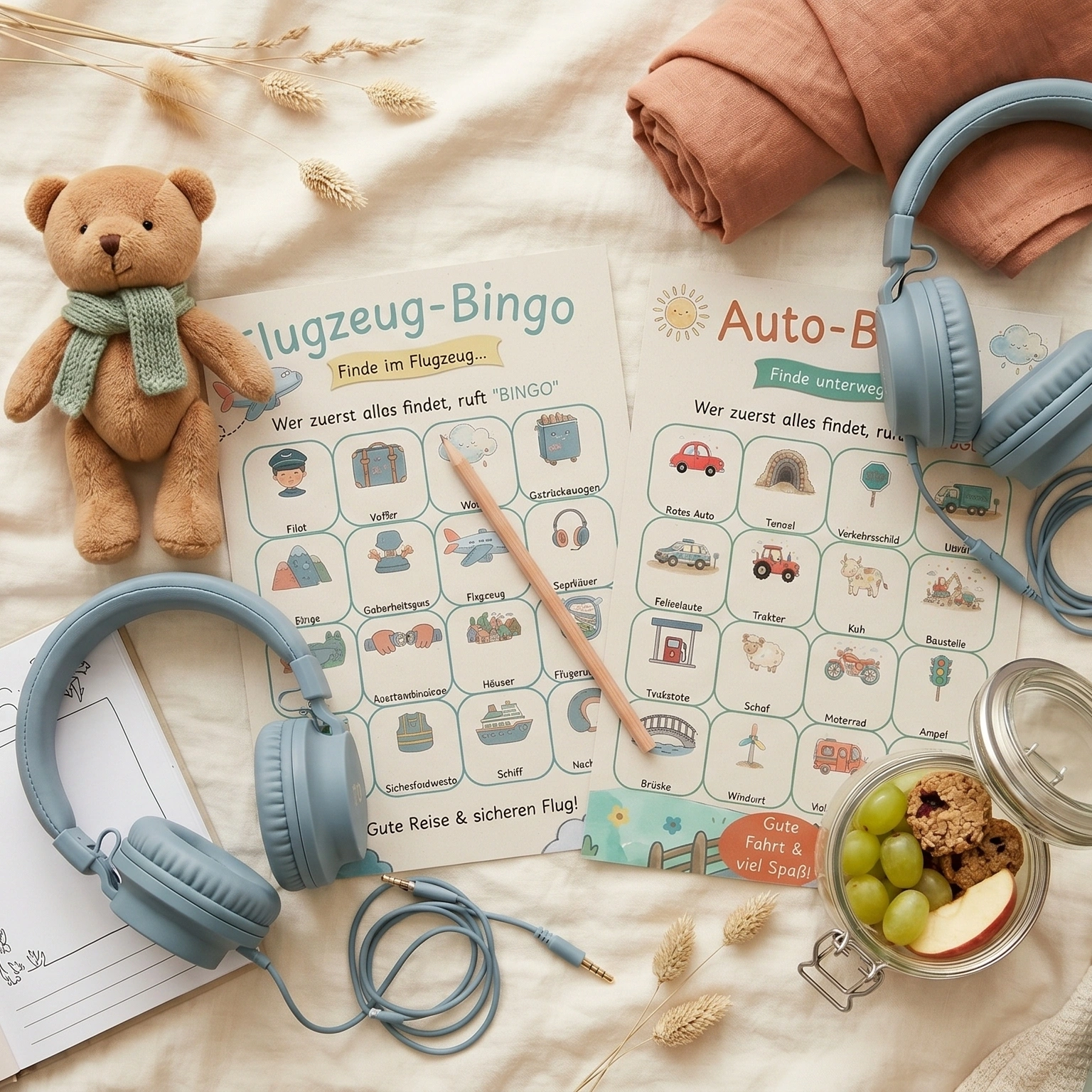 Bingo-Spiele mit Kopfhörern und Bär auf einer Decke