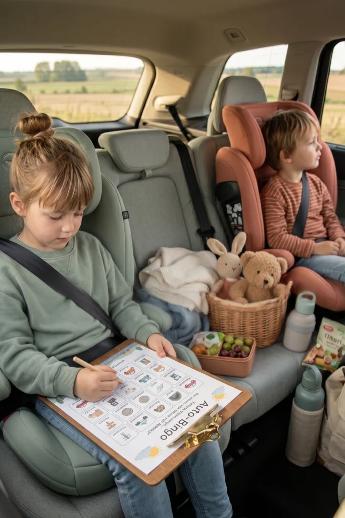 Zwei Kinder sitzen Im Auto. Ein Kind schaut aus dem Fenster, das andere spielt ein Reise-Bingo. Kinder auf Reisen beschäftigen