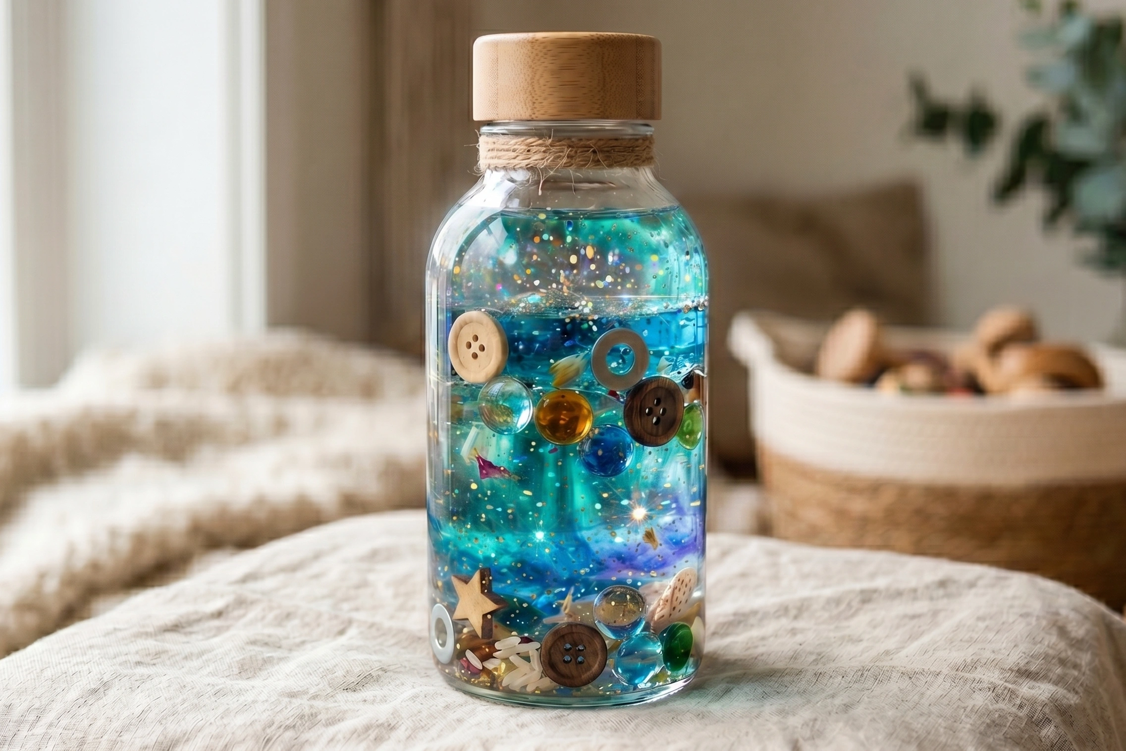 Eine Flasche mit verschiedenen kleinen Haushaltsgegenständen sowie Wasser. Öl und Glitzer steht auf einem Tisch.