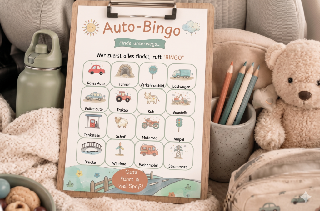 Ein ausgedrucktes Auto-Bingo Spielblatt auf einem Holz-Klemmbrett in einer gemütlichen Auto-Umgebung mit Kuscheltier, Trinkflasche und Buntstiften im skandinavischen Stil.