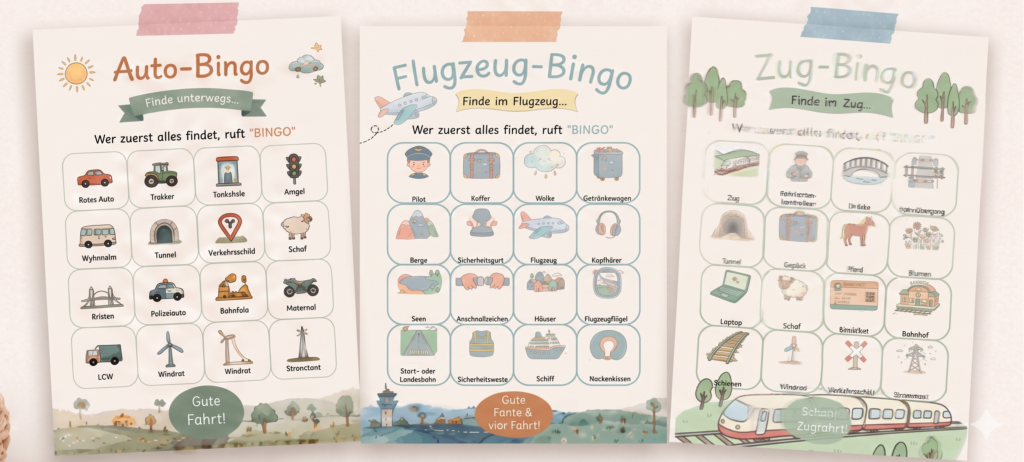 Drei verschiedene Reise-Bingo Vorlagen (Auto-Bingo, Flugzeug-Bingo, Zug-Bingo) für Kinder, mit Washi-Tape an eine Wand geklebt, in sanften Pastelltönen und modernem Design.