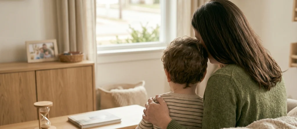 Rückansicht einer Mutter, die ihren Arm beruhigend um die Schulter ihres kleinen Sohnes legt, während beide gemeinsam aus dem Fenster in den Garten schauen. Gemütliche Wohnzimmer-Atmosphäre mit einer weichen Wolldecke und einer hölzernen Sanduhr auf dem Couchtisch.