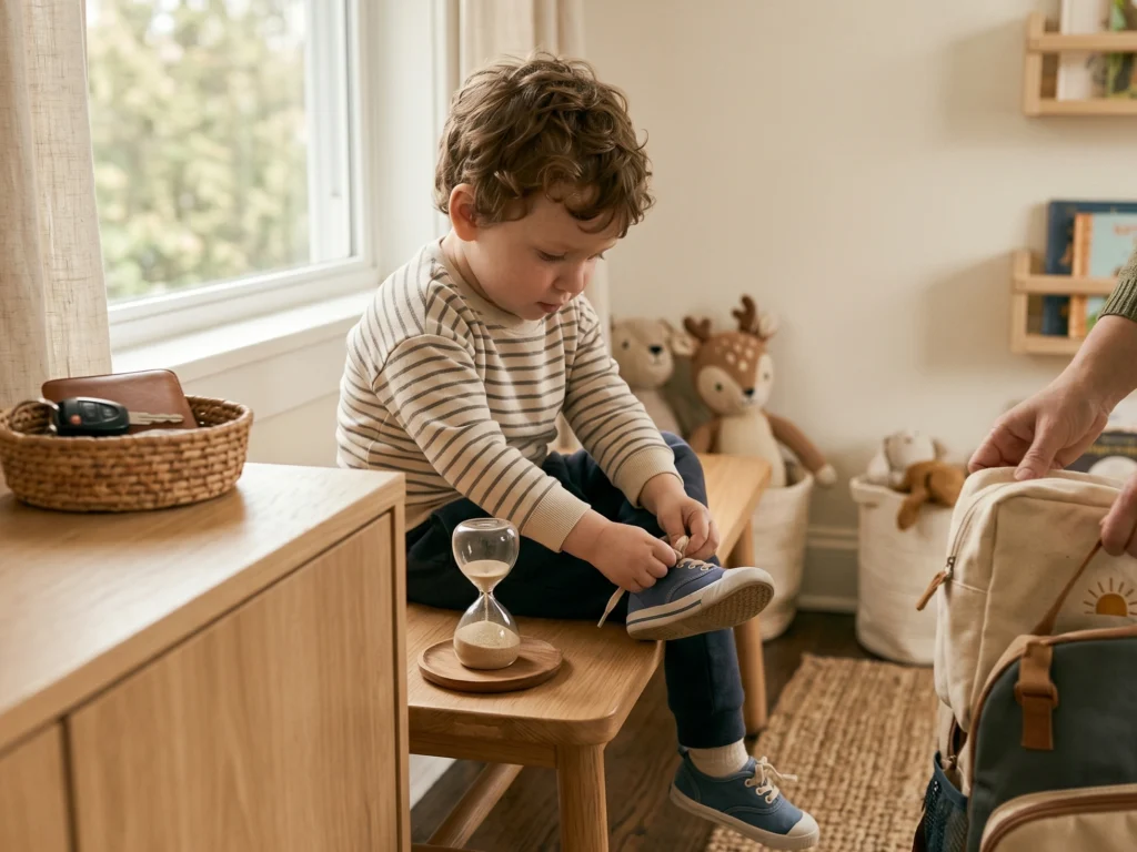 Ein kleines Kind sitzt auf einer Holzbank und konzentriert sich darauf, seine blauen Schuhe anzuziehen. Auf dem Tisch daneben steht eine hölzerne Sanduhr als visueller Timer für die Morgenroutine. Eine Mutter packt im Hintergrund den Kindergartenrucksack.
