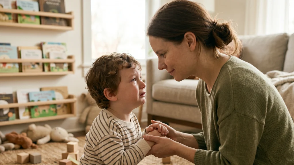 Eine Mutter sitzt ruhig auf dem Boden vor ihrem weinenden Kind, hält seine Hände und blickt ihm tief und empathisch in die Augen. Im Hintergrund ein unperfektes Kinderzimmer mit Holzregalen voller Kinderbücher und verstreuten Bauklötzen bei sanftem Tageslicht.