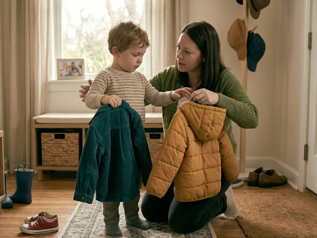 Ein Kleinkind kniet auf einem Jutenteppich im Wohnzimmer und wählt konzentriert zwischen einer gelben Mütze und einer Jeansjacke, die ihm von der Mutter hingehalten werden. Warme, minimalistische Pinterest-Ästhetik in Beige- und Salbeitönen.