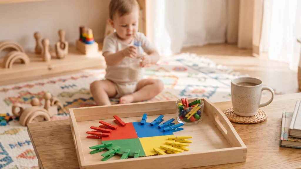 Auf einem Tablett liegt ein selbstgemachtes Montessori Spiel aus Haushaltgegenständen. Nebendran steht ein heißer Kaffee. Im Hintergrund spielt ein Kleinkind.