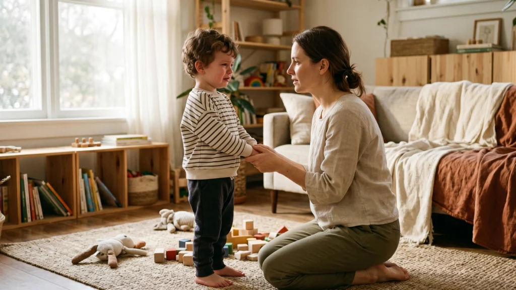Eine Mutter kniet im gemütlichen Wohnzimmer auf Augenhöhe vor ihrem weinenden Kleinkind, hält sanft seine Hände und spendet Trost. Authentische, unperfekte Alltagsszene mit Holzspielzeug und warmem, natürlichem Morgenlicht im skandinavischen Stil. Positive Kindererziehung
