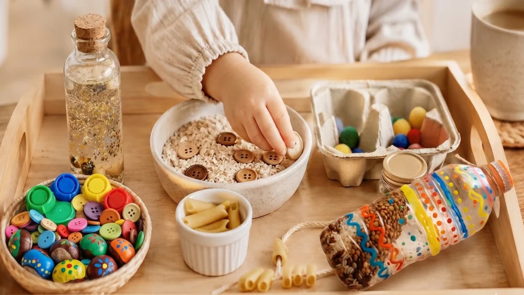 Montessori Ideen aus dem Haushalt für Kleinkinder mit DIY-Spielideen auf einem Holztablett