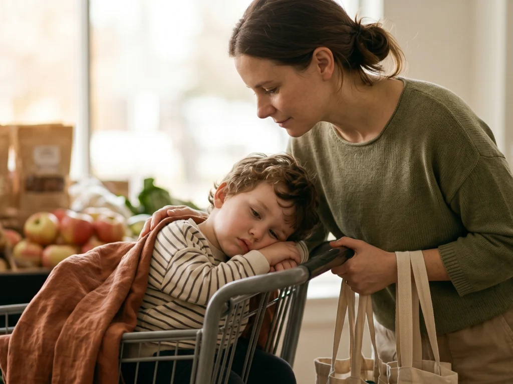 Ein erschöpftes, müdes Kleinkind lehnt sich im Supermarkt müde an den Rand eines Einkaufswagens, während die Mutter liebevoll und verständnisvoll daneben steht. Dokumentarische Alltagsszene, die Reizüberflutung statt schlechtes Benehmen zeigt, in warmen Erdtönen.