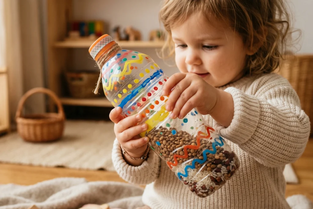 Kind hält einen selbstgebastelten Musikshaker aus einer alten Plastikflasche befüllt mit Linsen in der Hand