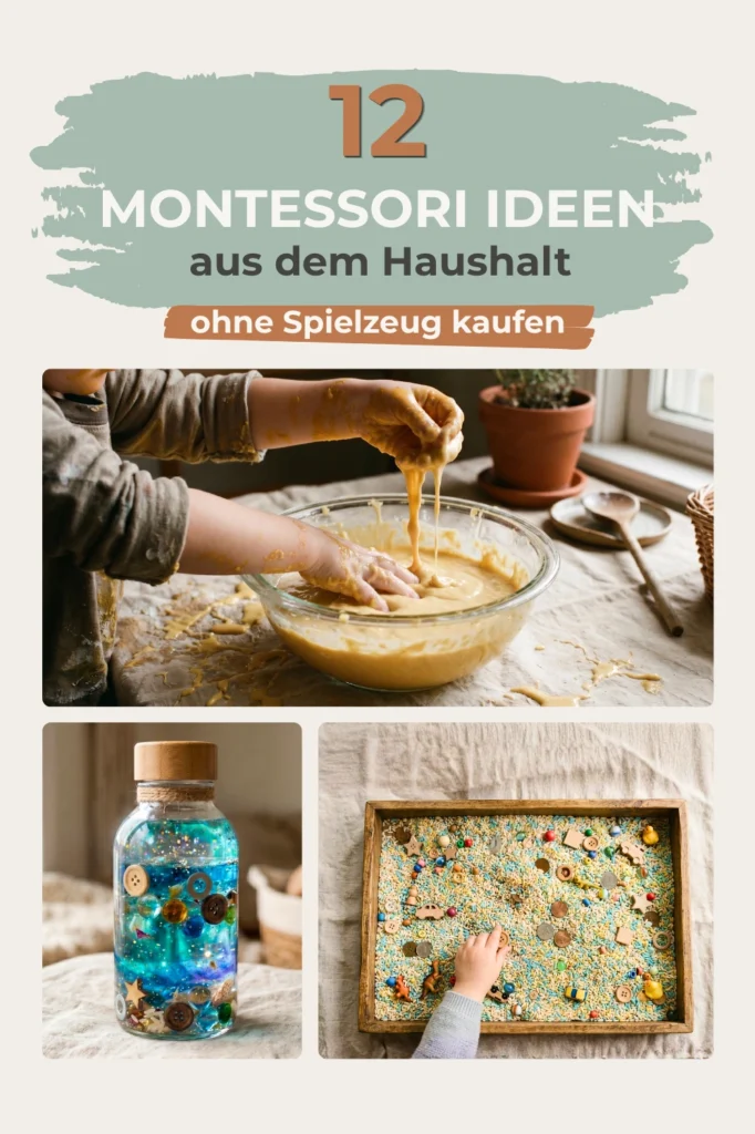 Collage aus drei Bildern: Oobleck-Schlein, Entdeckerflasche und Reis-Schatzsuche. Obern steht 12 Montessori Ideen aus dem Haushalt ohne Spielzeug kaufen.