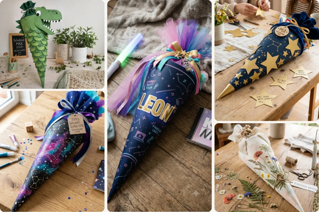 Eine Collage aus 5 verschiedenen Schultüten Ideen zum Selbermachen