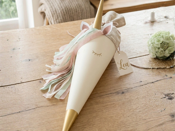 Eine Einhornschultüte mit Mähne aus Papier liegt auf einem Tisch