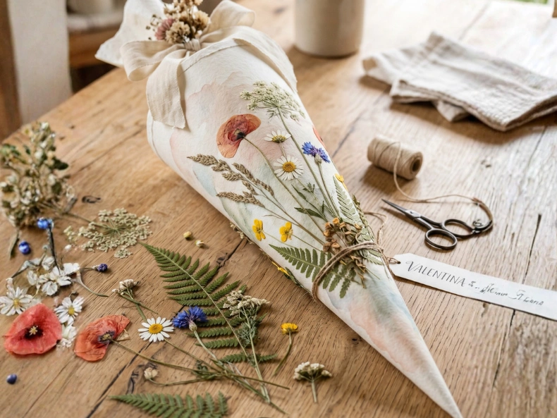 Eine selbstgemacht Schultüte mit selbstgesammelten Blumen und Blättern.