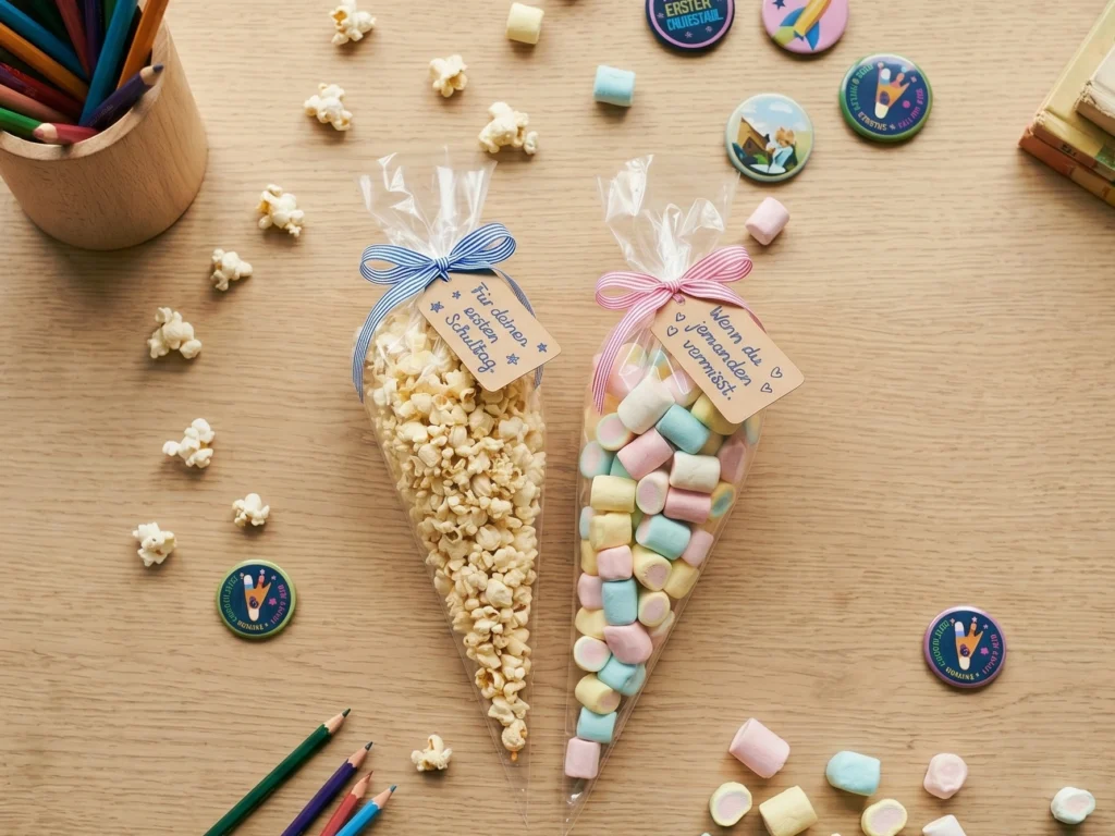 Zwei kleine Tüten mit Süßigkeiten liegen auf einem Holztisch. An den Süßigkeitentüten hängen anhänger mit süßen Botschaften.
