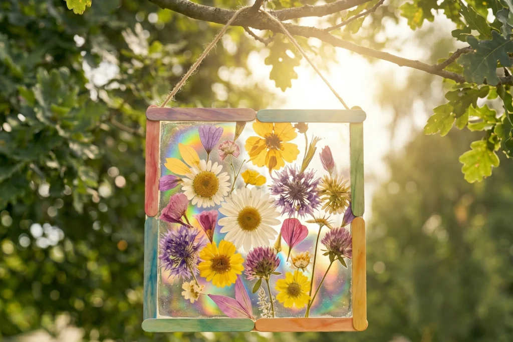 Ein Suncatcher aus Klebeband und vielen Blüten hängt in der Sonne an einem Baum.