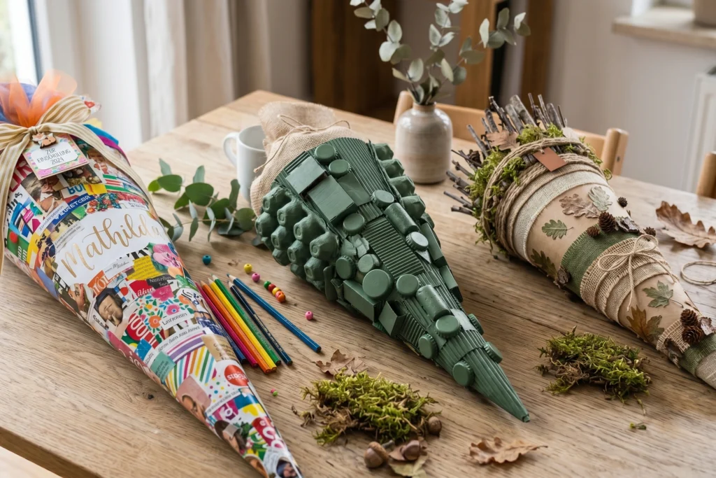 Drei Schultüten nebeneinander, die alle aus Recycling Material bestehen. Alte Zeitungen, Naturmaterialien und alte Kartons