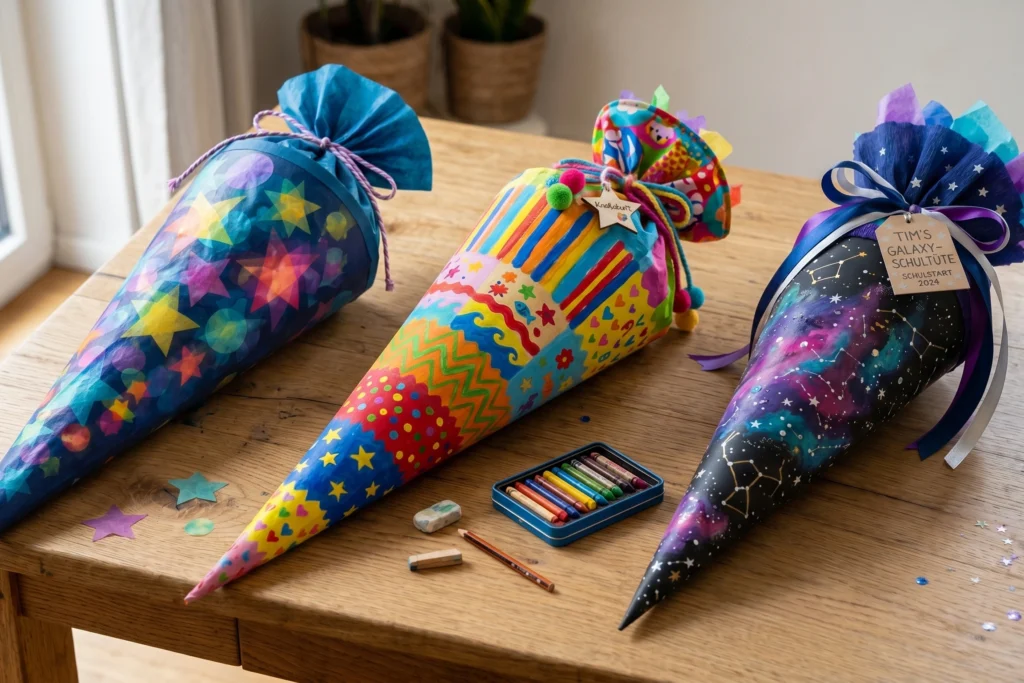 3 besonders kreative Schultüten liegen nebeneinander auf einem Holztisch. Eine knallbunt, eine mit Sternenhimmel und eine mit verschiedenen Layern.