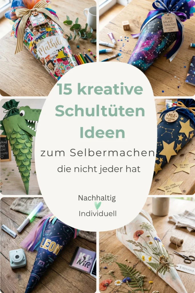 Ein Pinterest Pin mit 15 kreative Schultüten Ideen. Sehen kann man 6 verschiedene Ideen.